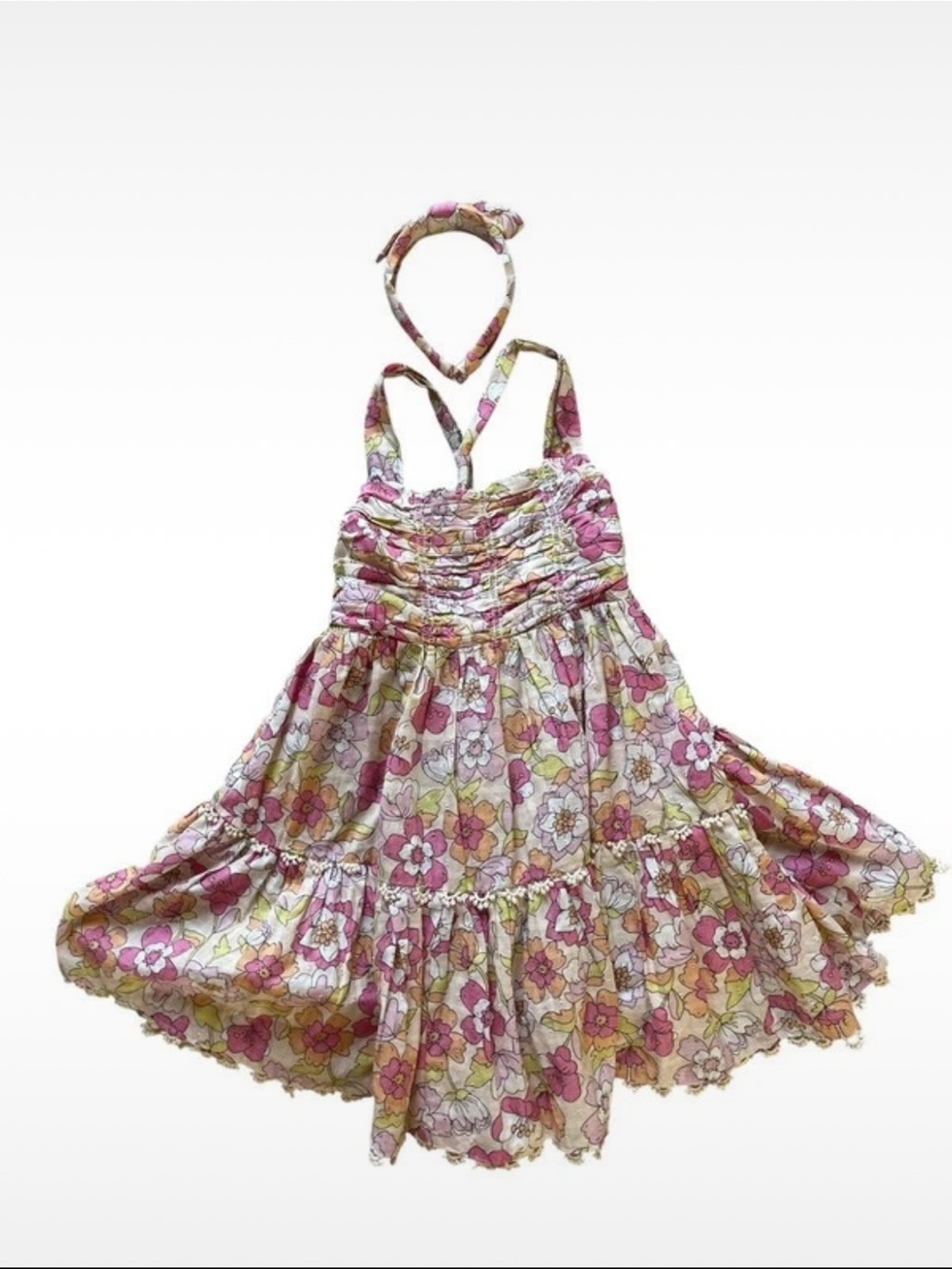 Haute Hippie Girls Pink Yellow Floral Halter Twirl Dress Matching Headband